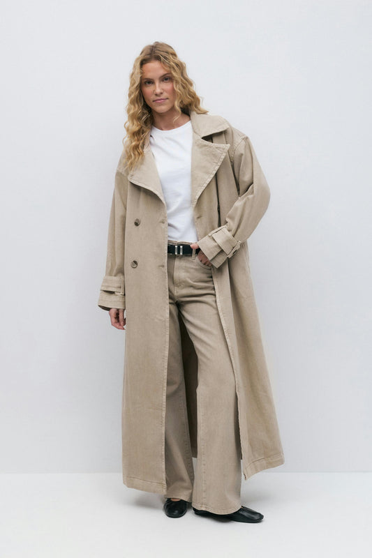 Long denim trench